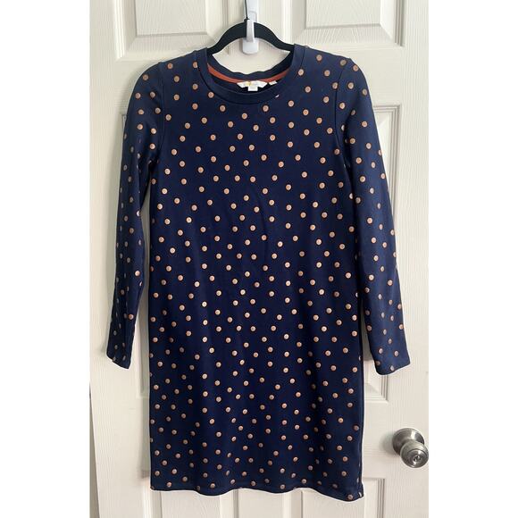 Boden Dresses & Skirts - BODEN Blue Gold Polka Dot Cotton Sweatshirt Dress Sz 4R Comfort Preppy Party